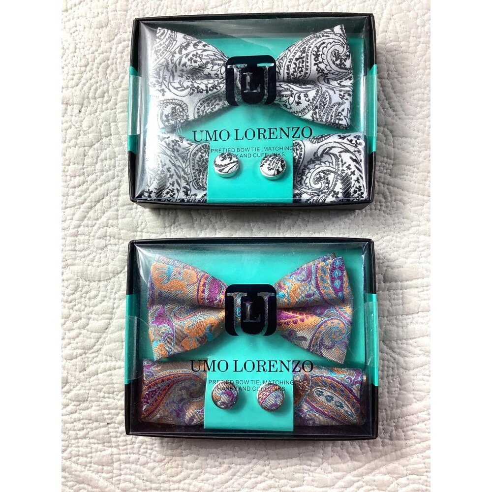 Lot of 2 Umo Lorenzo Mens Paisley Bow Tie Sets*Pocket Square*Cuff Links*Gift*NWB